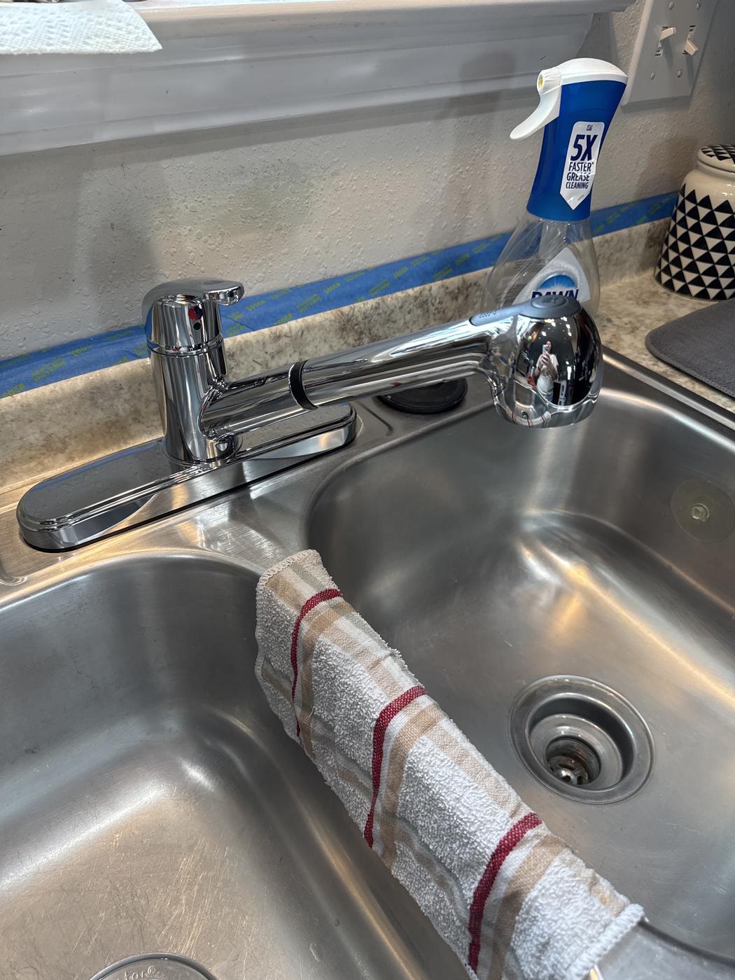 A kitchen faucet fitted on a stainless steel double sink